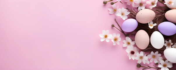 Fototapeta na wymiar Flat lay border with colored Easter eggs and spring flowers on pink background. Happy Easter concept banner with copy space. Top view design for spring  template, card, poster, ads.
