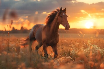 Horse Running in Field during Sunset in Vray Style