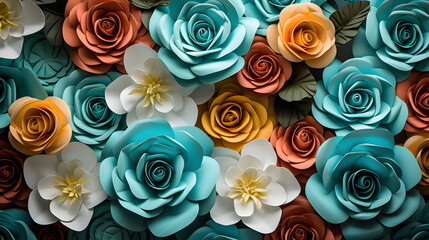 Background with paper flowers . Floral spring creative wallpaper. Paper roses and narcissus