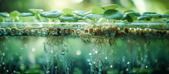 Transparent hydroponic system from below, roots in nutrient water highlighted by filtered light, perfect for articles on innovative farming methods.. - obrazy, fototapety, plakaty