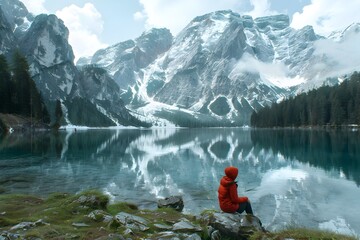 Man in Red Jacket Overlooking Snowy Mountains and Mountain Lake