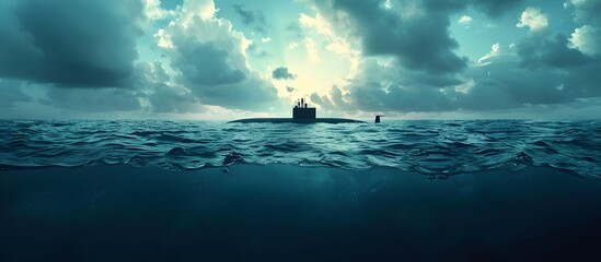 Gloomy Submarine in the Ocean at Sunset