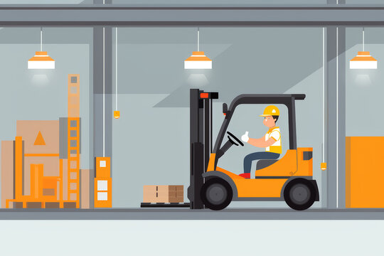 vector illustration of safety month safety and health at work and labor day with forklift and worker on duty.