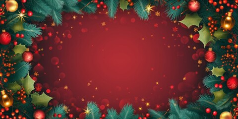 Christmas frame background with baubles, flat backgrounds, highly detailed foliage, vibrant stage backdrops, light crimson, dotted, holiday frame or boarder with red background, copy space for text.