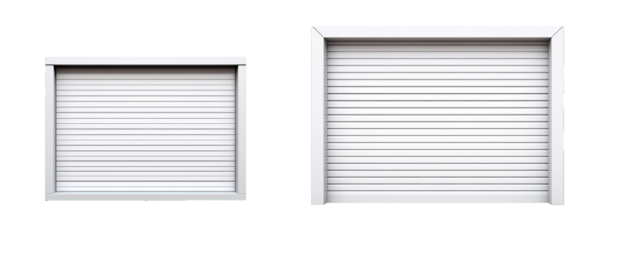 Sample of White garage Roller Shutters. Protect System for garage and shop. . isolated on transparent background . PNG, cutout, or clipping path.	
