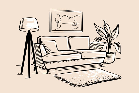 Sofa drawings sketch style. Room interior