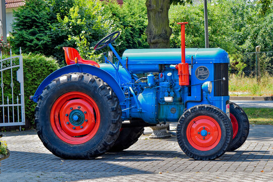 Grossziethen, Germany - July 20, 2018: Well-preserved historic tractor from the 1940s with many technical details.