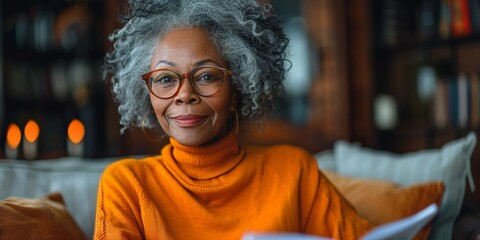 A confident and relaxed 70-year-old pensioner wearing glasses exudes grace as she sits comfortably at home, showing off her beauty and contentment in this close-up portrait. - obrazy, fototapety, plakaty