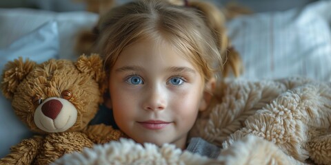 A cute girl with a soft toy lies in bed, her eyes reflect joy and love.