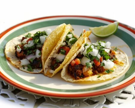 Three tacos with green and red trim sit on a plate, mexican food stock photo