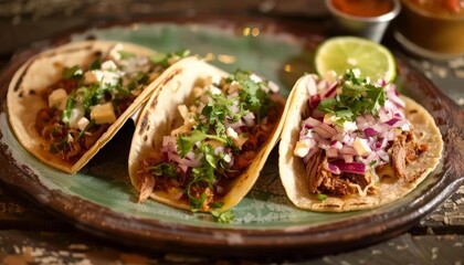 Four tacos placed on plate, traditional mexican food pic
