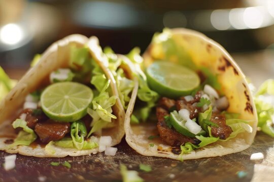 Two mexican tacos with lime and lettuce on a plate, mexican food background image
