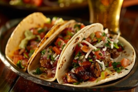 Three tacos sit on a plate beside a glass of beer, mexican dishes picture