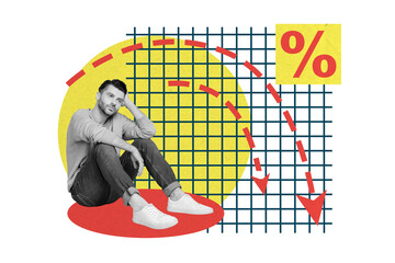 Collage artwork picture of unhappy upset guy watching financial crisis graphics isolated creative background