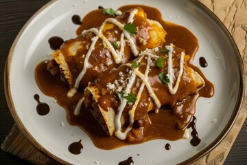 Plate topped with enchiladas in sauce, colorful mexican food photo