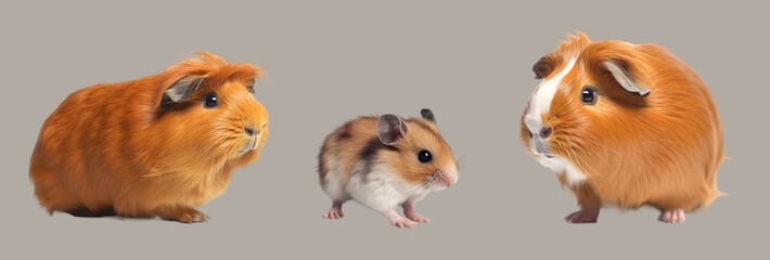 Sweet dwarf hamster and guinea pigs on a gray background. Isolated Illustration with cute pet.	