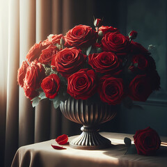 a bouquet of vibrant red roses, arranged in a classic vase, with soft natural light illuminating their velvety petals, generative ai