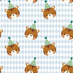 Children's pattern with a tiger's head in a cap on a background of rhombuses. 