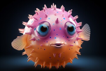 a pink and yellow puffer fish with blue eyes