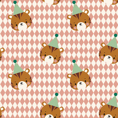 Children's pattern with a tiger's head in a cap on a background of rhombuses. 
