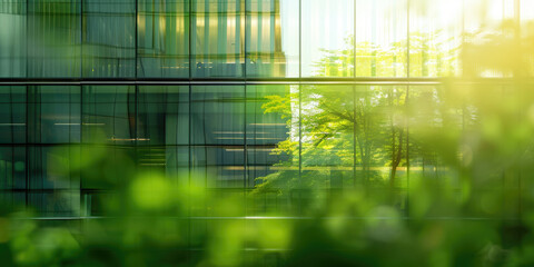 Eco-friendly building in the city, sustainable glass building for reducing heat and carbon dioxide