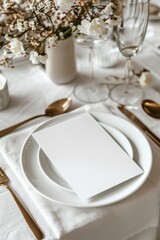 Elegant dining wedding table setting featuring a blank menu card for number or text custom mockup on white plates complemented by delicate flowers and gold cutlery