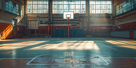 Dark gymnasium court with hoop ideal for athletic or educational themes. Concept Sports Photography, Basketball Hoop, Physical Education, Athletic Activities, Indoor Sports - obrazy, fototapety, plakaty