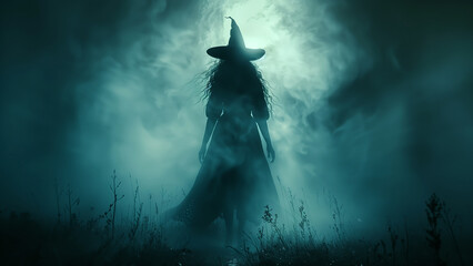 A Gothic silhouette of a witch standing in the foggy meadow - obrazy, fototapety, plakaty