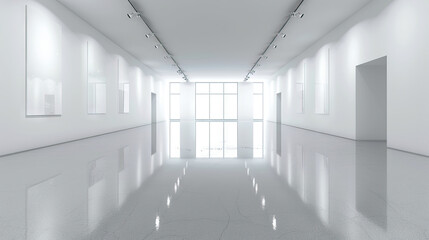 Empty Gallery Space: An empty gallery space with white walls and track lighting, providing a gallery-like setting for product displays