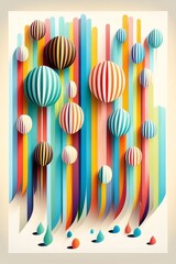 Illustration in cut paper style. Bright color poster balloons in cut paper style. Bright multi-colored paper lines in retro style