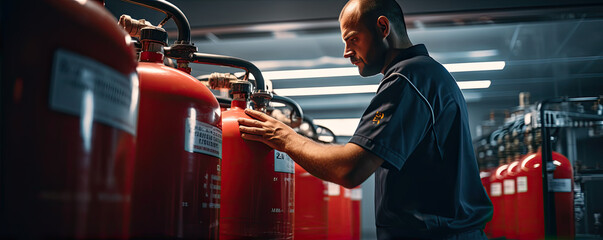 Professional engeneer checking a red fire extinguisher in warehouse