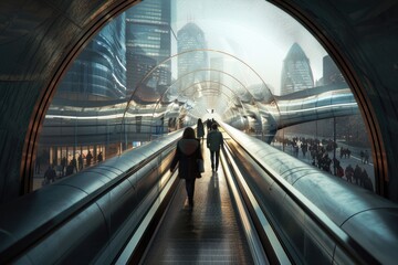 Pedestrians walking through futuristic tunnel with transparent walls in a modern cityscape