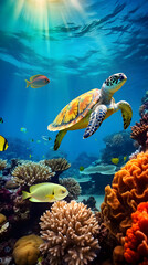 Naklejka na ściany i meble Breathtaking Underwater Exploration: Vibrant Marine Life and Dancing Sunlight