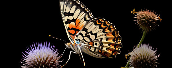 butterflies flying with wild flowers image on black background