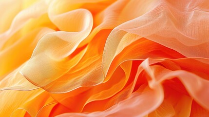 Fototapeta premium Sunlit Orange Fabric Waves. Close-up view of delicate, orange yellow fabric, capturing the interplay of light and shadow across its textured surface. Bio-based material from fruit waste of orange peel
