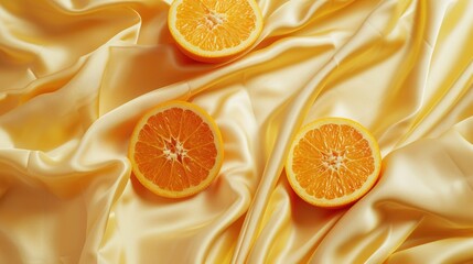 Fresh Oranges on Silky Fabric. Concept of bio-based material from fruit waste of orange peel. Sustainable Fashion Made of Orange Peel. Zero waste