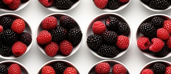 A variety of red and black raspberries are neatly arranged in small ceramic bowls against a clean...