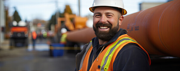 worker stands in front of large gas pipes or sewage drain pipes