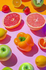 Colorful fruit and vegetables such as oranges, peppers, apples, strawberries, kiwis and lemons on a colored background