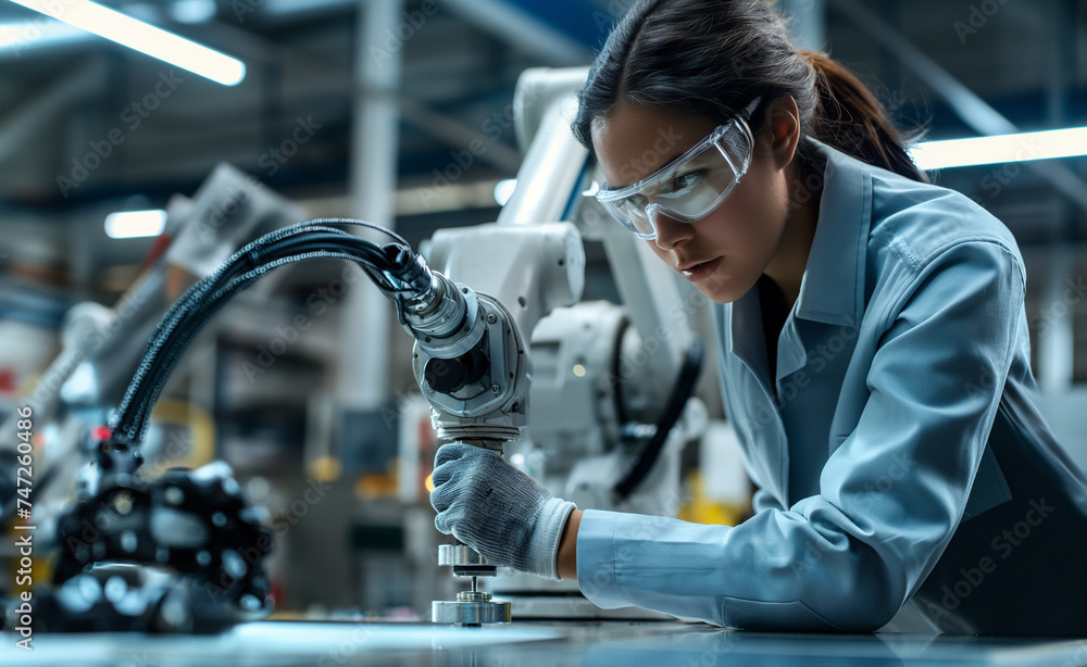 Poster precision in progress: engineer leading advanced robotic arm assembly in high-tech development labor