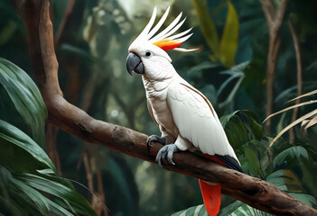 Moluccan cockatoo parrot on a branch in the jungle