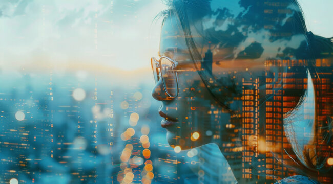 Business and silhouette of woman thinking for corporate, communication or entrepreneur. Cityscape, sunset and abstract double exposure effect of a female head for marketing, internet or research