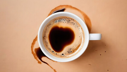 Top view of an Isolated dark coffee cup with saucer in white background and stain texture in paper banner    