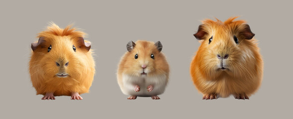 Sweet golden hamster and guinea pig on a gray background. Isolated Illustration with cute pet.	