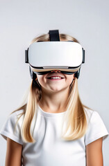 Closeup portrait of little smiling European girl wearing virtual reality glasses. Vr headset.