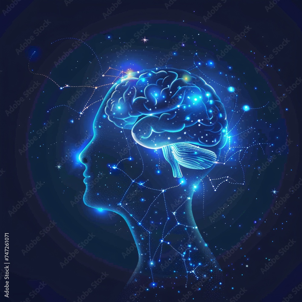 Poster neural network nightscape a blue brain illuminated by cosmic constellations generative ai