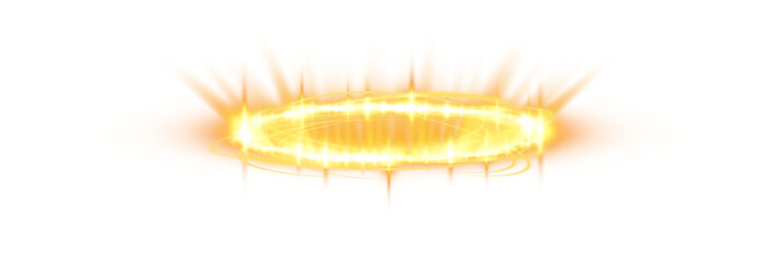 Three dimensional shiny golden nimbus. Golden halo angel ring. Light realistic halo, angel ring, Saint aureole symbol.  Magic fantasy portal. Futuristic teleport. Light effect. PNG.
