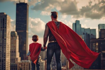Smiling father and son dressed as superheroes enjoying time together in the city - Powered by Adobe