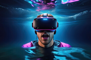 Young man wearing virtual reality glasses under the water. Concept of dive into the Metaverse.