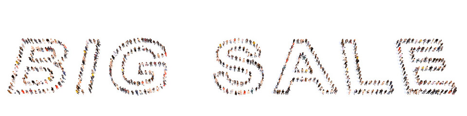 Concept or conceptual large community of people forming BIG SALE slogan. 3d illustration metaphor for marketing, promotion, shopping, special price, offer, discount or deal